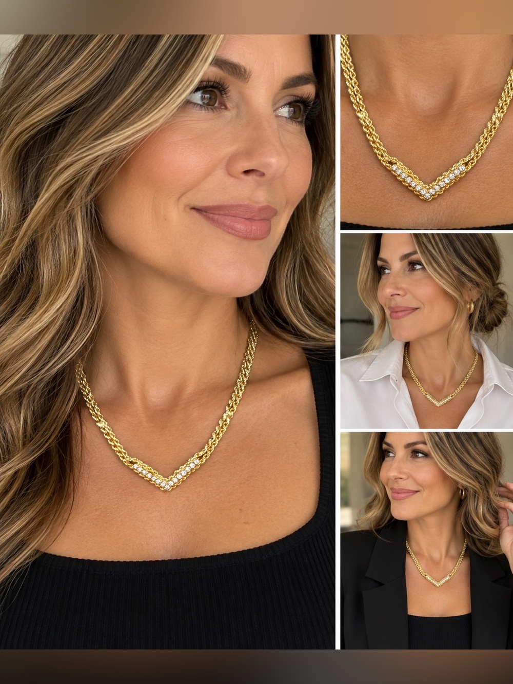 Vintage Gold-Tone Double Rope Chevron Necklace Clear Rhinestone 80’s- 90’s